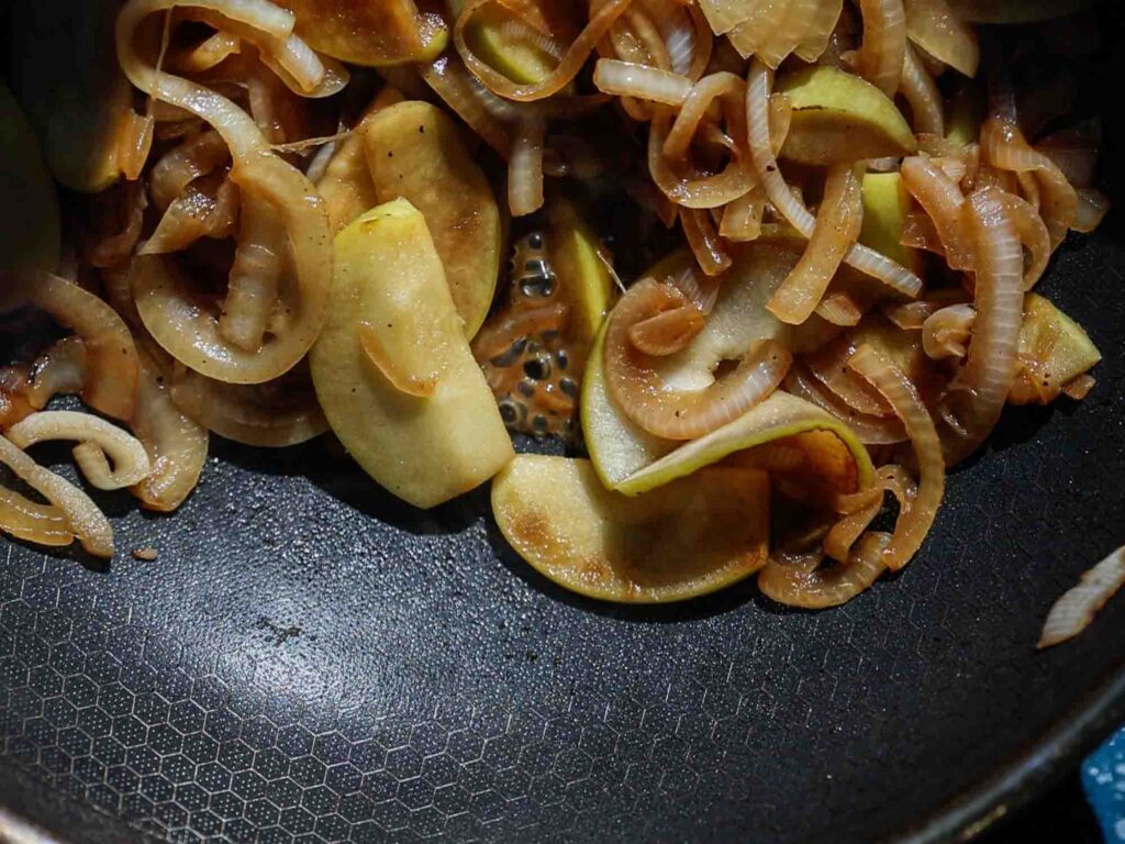 caramelizing apples and onions in pan